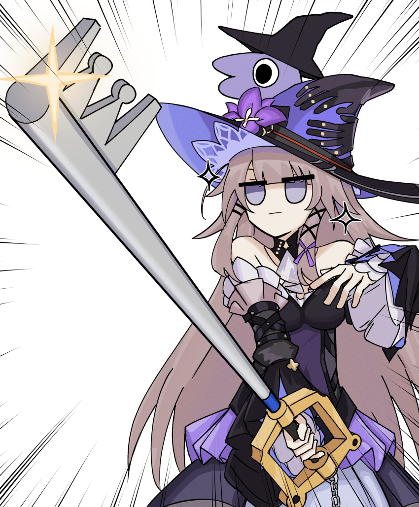 1girl, absurdres, bare_shoulders, black_dress, black_hat, brown_hair, commentary, detached_sleeves
