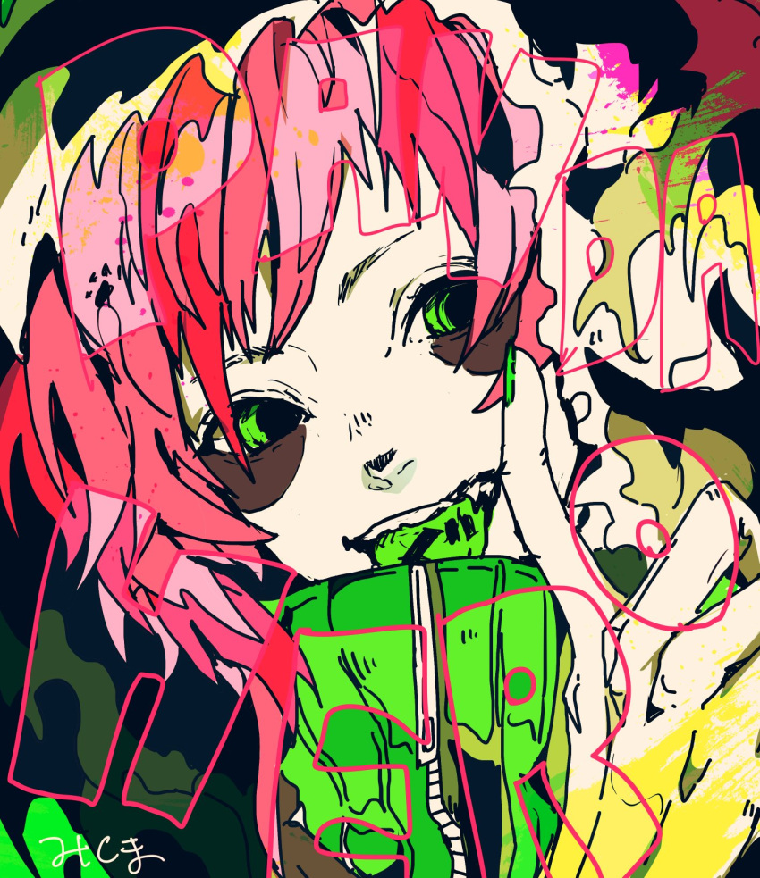 1girl, 3kuma, alternate_hair_color, colored_tongue, down_jacket, green_eyes, green_jacket, green_nails, green_tongue, gumi, highres, hood, hood_up, hooded_jacket, jacket, looking_at_viewer, mark_under_both_eyes, panda, panda_hero_(vocaloid), pink_hair, pointing, pointing_up, short_hair, smile, solo, song_name, tongue, tongue_out, tongue_writing, vocaloid