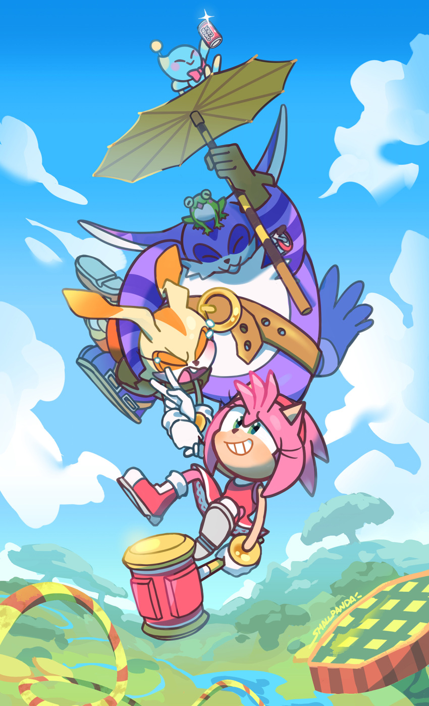 1boy, 2girls, :3, ^_^, amy_rose, animal_ears, animal_nose, bare_shoulders