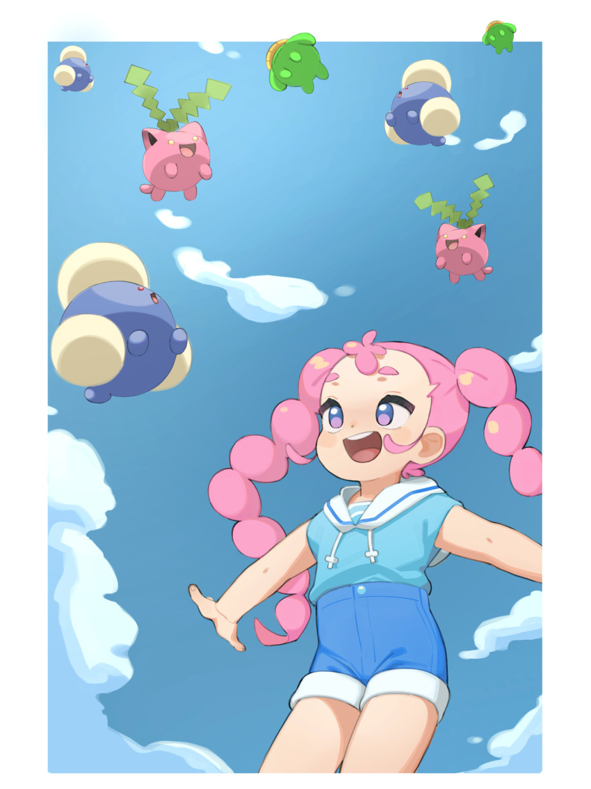 1girl, :d, aqua_shirt, blue_shorts, border, clouds, commentary, day