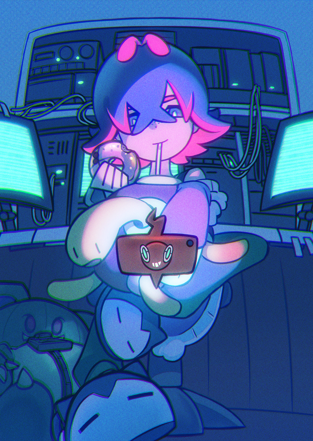 1girl, bright_pupils, cardigan, chair, chromatic_aberration, commentary_request, computer, desk, dot_(pokemon), doughnut, drinking, drinking_straw, food, from_below, hair_between_eyes, highres, holding, indoors, monitor, mouth_hold, multicolored_hair, nidothing, office_chair, pants, pink_hair, plus_ta, pokemon, pokemon_(anime), pokemon_horizons, purple_cardigan, purple_hair, rotom, rotom_phone, short_hair, shuckle, slippers, swivel_chair, textless_version, two-tone_hair, violet_eyes, white_pupils