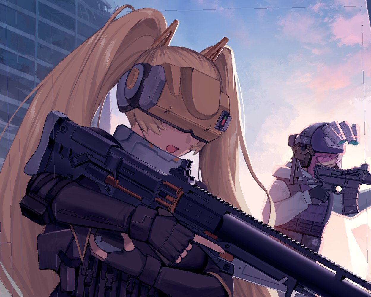 2girls, ame_arare, black_gloves, building, combat_helmet, commentary_request, day, ear_protection, feet_out_of_frame, fingerless_gloves, gloves, goddess_of_victory:_nikke, goggles, gun, helmet, holding, holding_gun, holding_weapon, idoll_sun_(nikke), long_hair, military_combat_uniform, multiple_girls, night_vision_device, open_mouth, outdoors, pink_hair, sidelocks, soldier, soldier_eg_(nikke), tactical_clothes, twintails, upper_body, visor_(armor), weapon