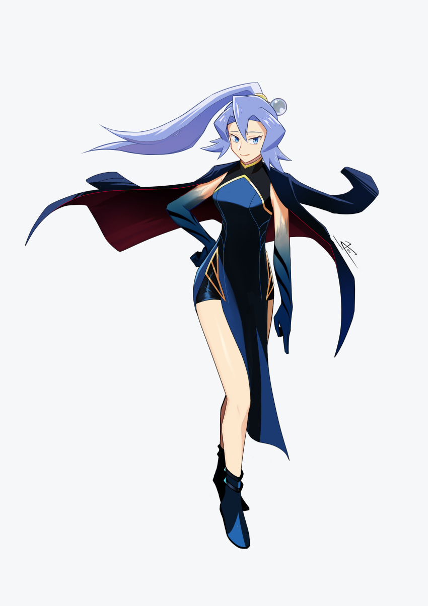 1girl, absurdres, alternate_costume, blue_dress, blue_eyes, blue_footwear, blue_hair, clair_(pokemon), closed_mouth, commentary_request, dress, elbow_gloves, eyelashes, floating_hair, full_body, gloves, hair_between_eyes, hand_on_own_hip, highres, jacket, jacket_on_shoulders, jcstr, pokemon, pokemon_gsc, ponytail, shoes, signature, smile, solo