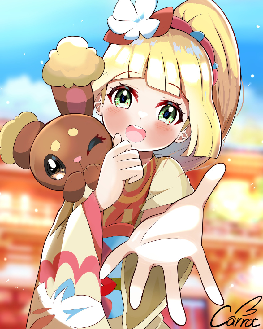 1girl, :d, absurdres, artist_name, blonde_hair, blue_sash, blurry, blurry_background