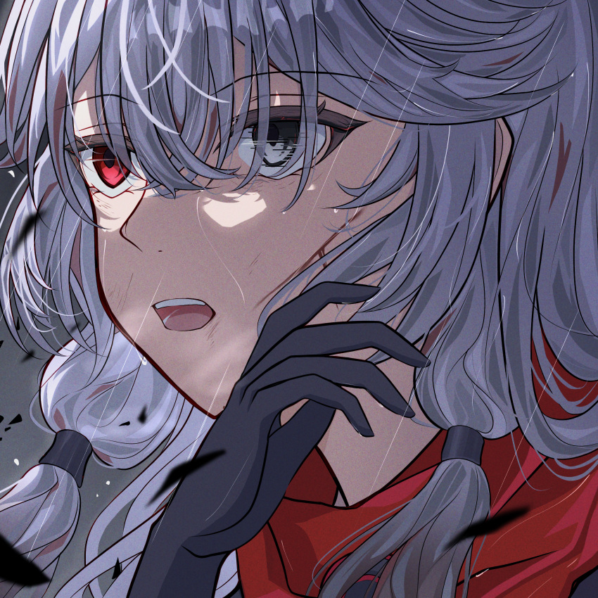 1girl, absurdres, alpha_(pgr), black_gloves, blood_on_cheek, gloves, grey_hair, grey_shirt