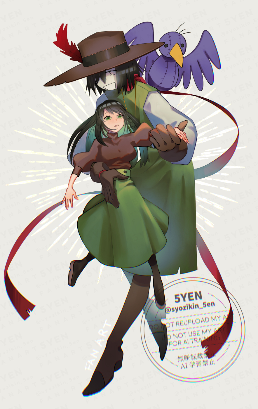 2girls, 5-en, black_hair, brown_shirt, digimon, full_body, green_skirt, grey_background