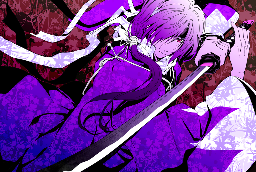 hair_over_one_eye, hakuouki_shinsengumi_kitan, japanese_clothes, katana, kawakami_shuuichi, long_hair, male, pink_eyes