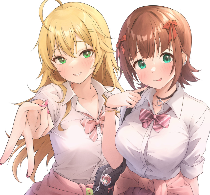 2girls, :p, absurdres, ahoge, amami_haruka, aqua_eyes, b1ack_illust, black_bag