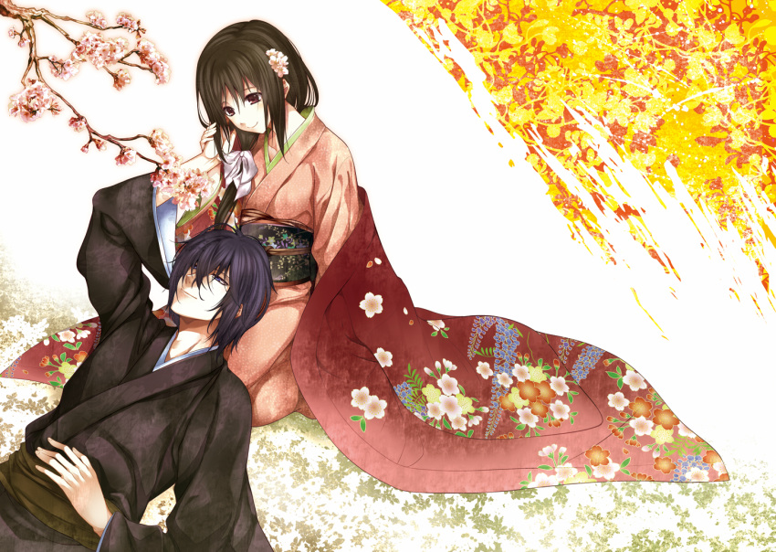 1girl, black_hair, couple, flower, flower_on_head, hair_flower, hair_ornament, hakuouki_shinsengumi_kitan