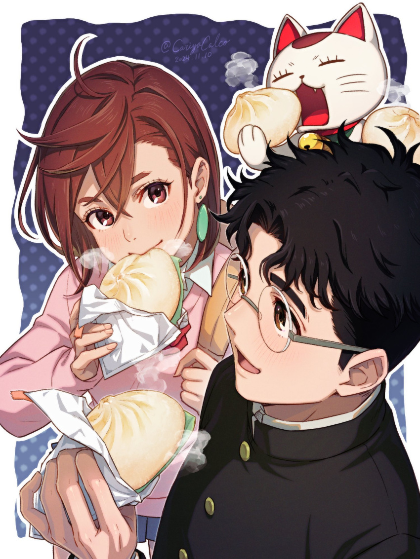 1boy, 1girl, animal_ears, ayase_momo, baozi, bell, black_hair, black_jacket, blue_skirt, bow, bowtie, brown_eyes, brown_hair, cariyacalco, cat, cat_ears, collared_shirt, commentary_request, dandadan, dress_shirt, earrings, eating, food, gakuran, glasses, hair_behind_ear, hair_between_eyes, highres, holding, holding_food, holding_strap, jacket, jewelry, light_blush, long_sleeves, looking_at_another, messy_hair, miniskirt, neck_bell, open_mouth, pink_sweater, pleated_skirt, red_bow, red_bowtie, round_eyewear, school_uniform, shirt, short_hair, skirt, smile, steam, sweater, takakura_ken_(dandadan), thick_eyebrows, turbo_granny, upper_body, white_shirt