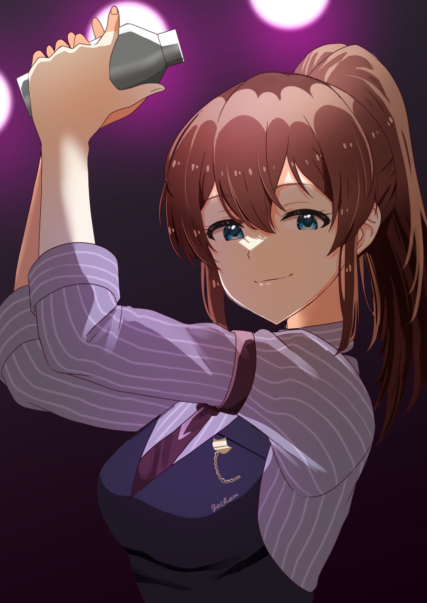 1girl, absurdres, arm_strap, arms_up, artist_name, bar_(place), bartender, black_vest, blue_eyes, breasts, brown_hair, brown_necktie, closed_mouth, concept_shaker_(idolmaster), dot_nose, double-parted_bangs, eyelashes, gochom, grey_shirt, highres, holding_shaker, idolmaster, idolmaster_million_live!, idolmaster_million_live!_theater_days, indoors, large_breasts, long_hair, looking_at_viewer, necktie, official_alternate_costume, ponytail, satake_minako, shirt, sidelocks, sleeves_past_elbows, sleeves_rolled_up, solo, striped_clothes, striped_shirt, upper_body, vertical-striped_clothes, vertical-striped_shirt, vest