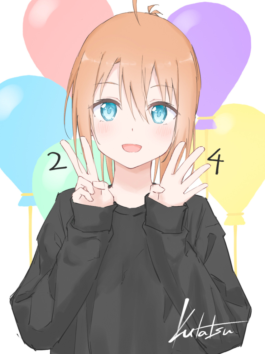 1girl, aozora_hinata_(kutatsu), balloon, birthday, black_shirt, blue_eyes, blush, commentary_request, highres, kutatsu_(kutatsu7), long_hair, long_sleeves, open_mouth, original, ponytail, shirt, solo, tagme