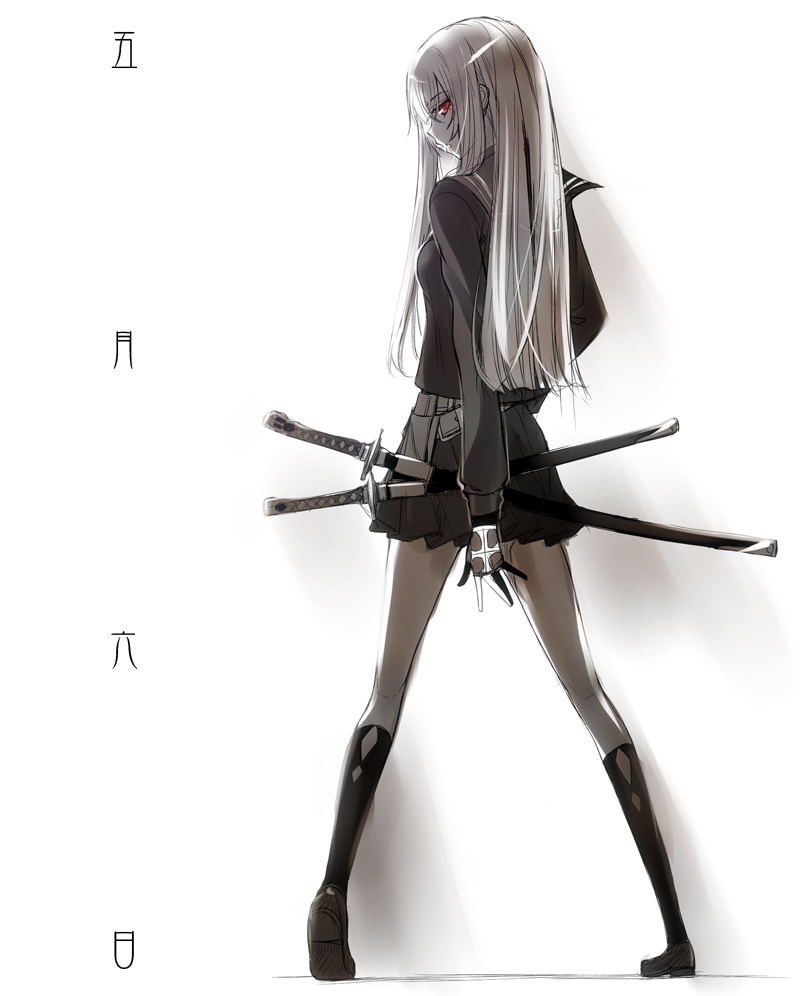 from_behind, gloves, katana, kawakami_shuuichi, kneepits, long_hair, looking_back, original