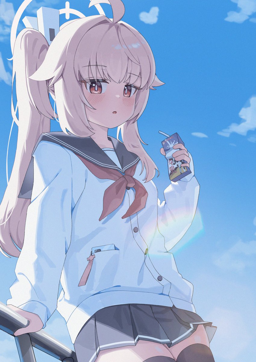 1girl, against_railing, ahoge, arm_support, black_thighhighs, blue_archive, blue_sailor_collar, blue_skirt