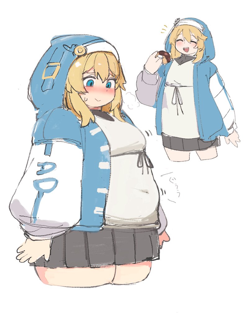 1girl, alternate_body_size, arms_at_sides, blonde_hair, blue_eyes, blue_hoodie, blush, bridget_(guilty_gear)