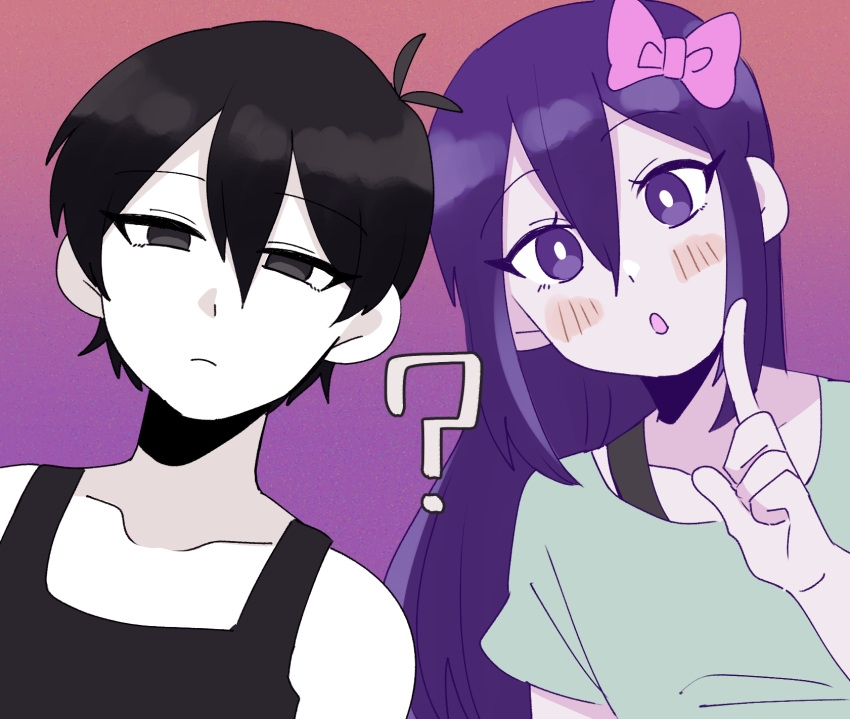 1boy, 1girl, :o, ?, andou_(sino_spkt), antenna_hair, aubrey_(headspace)_(omori), aubrey_(omori)