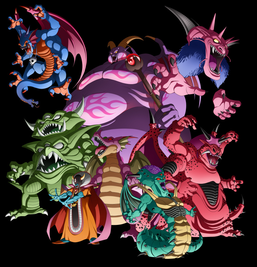 6+boys, absurdres, bat_wings, black_sclera, blue_skin, cape, character_request, colored_sclera