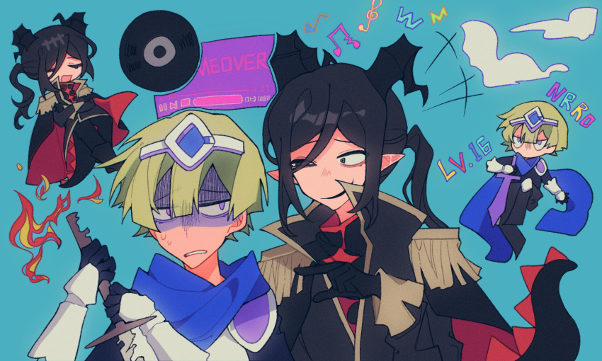 2boys, black_cape, black_eyes, black_footwear, black_gloves, black_hair, black_jacket, black_pants