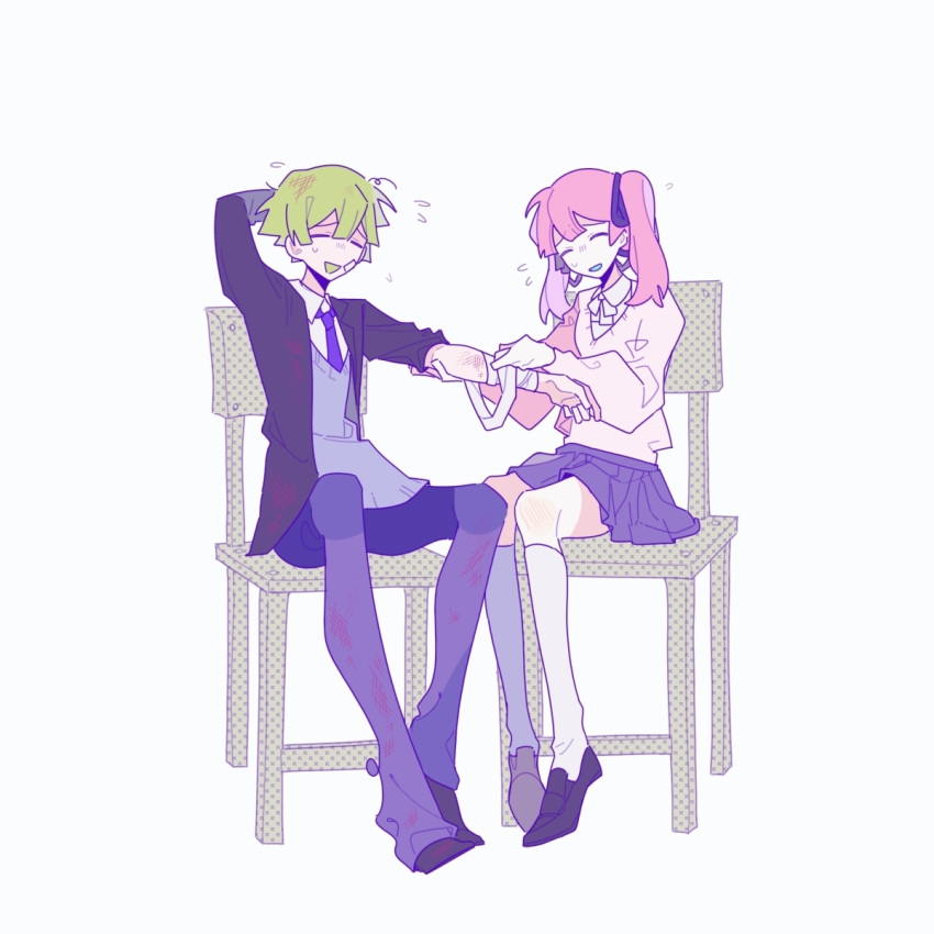 1boy, 1girl, ame_michiko, applying_bandages, arm_behind_back, black_footwear, black_jacket, black_ribbon, blood, blood_on_clothes, blue_pants, blue_skirt, bow, bowtie, chair, chinese_commentary, closed_eyes, collared_shirt, commentary_request, fallin'_dead_relive_life_(vocaloid), flying_sweatdrops, full_body, grey_sweater_vest, hair_ribbon, highres, jacket, kuwuzhengpai, on_chair, open_clothes, open_jacket, open_mouth, original, pants, pink_hair, pink_sweater, rainy_girl_(vocaloid), ribbon, school_uniform, shirt, simple_background, sitting, skirt, smile, socks, sweater, sweater_vest, tanaka_naro, twintails, vocaloid, white_background, white_bow, white_bowtie, white_shirt, white_socks