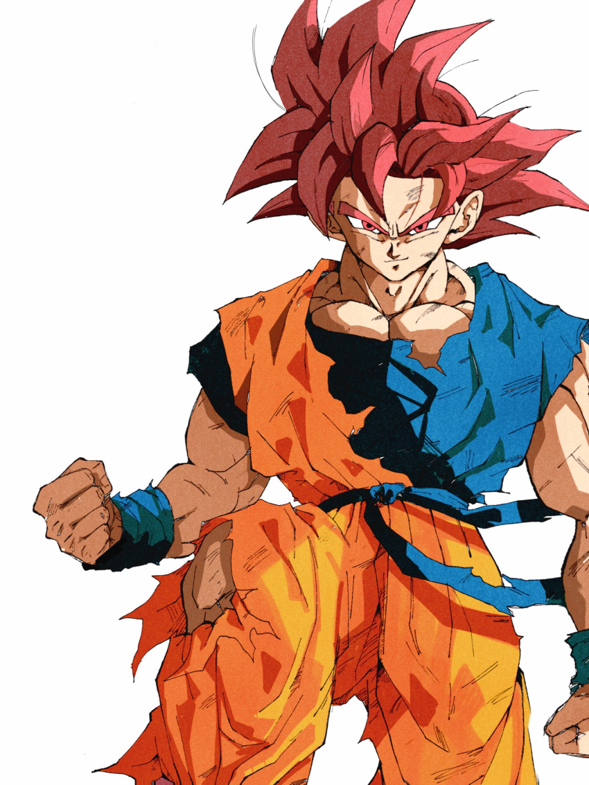 1boy, blue_shirt, clenched_hand, dougi, dragon_ball, dragon_ball_super, highres, medium_hair, muscular, muscular_male, orange_pants, orange_shirt, pants, pato007711, red_eyes, redhead, shirt, simple_background, solo, son_goku, spiky_hair, super_saiyan, super_saiyan_god, torn_clothes, torn_pants, torn_shirt, white_background