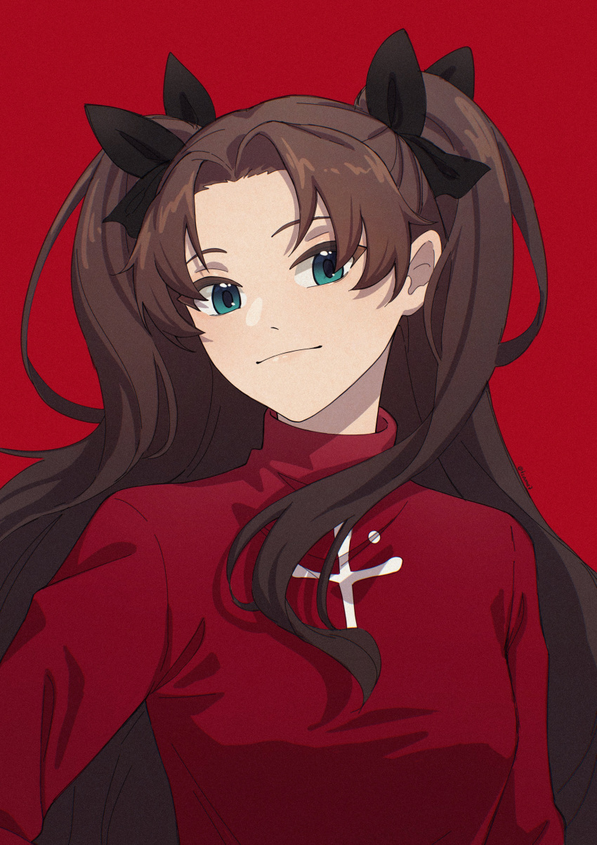 1girl, absurdres, black_ribbon, blue_eyes, breasts, brown_hair, closed_mouth, commentary, fate/stay_night, fate_(series), hair_ribbon, highres, long_hair, looking_at_viewer, medium_breasts, red_background, red_shirt, ribbon, shirt, solo, tohsaka_rin, tsuume, twintails, upper_body
