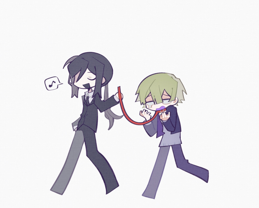 2boys, black_hair, black_jacket, black_necktie, black_pants, blank_eyes, closed_eyes, collared_shirt