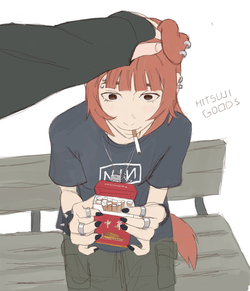 animal_ears, artist_name, bench, black_nails, blue_shirt, blunt_bangs, blush, bracelet
