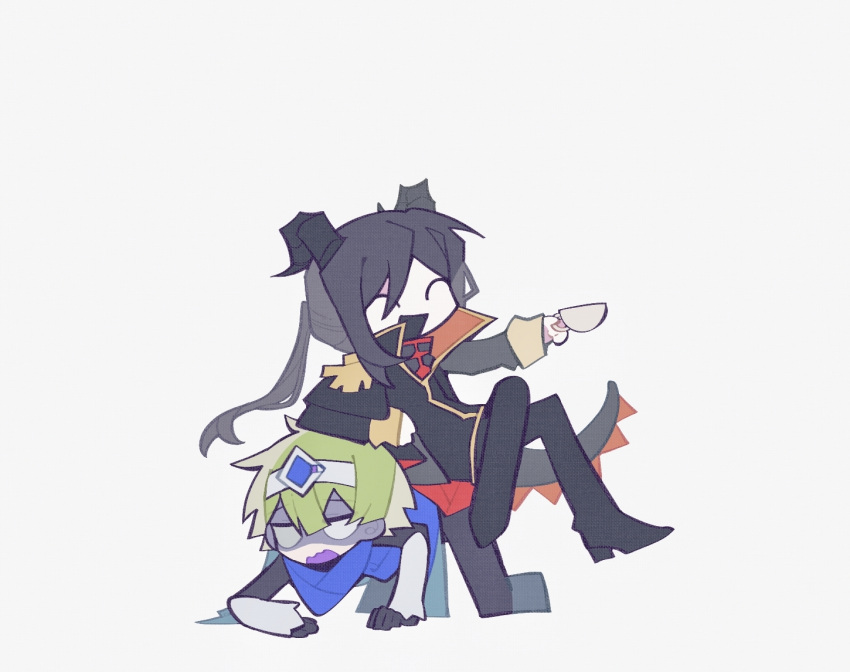 2boys, black_hair, black_horns, black_jacket, black_pants, black_shirt, blank_eyes, blue_scarf