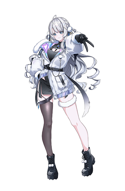 1girl, ahoge, black_gloves, blue_eyes, fur-trimmed_jacket, fur_thigh_strap, fur_trim, globie