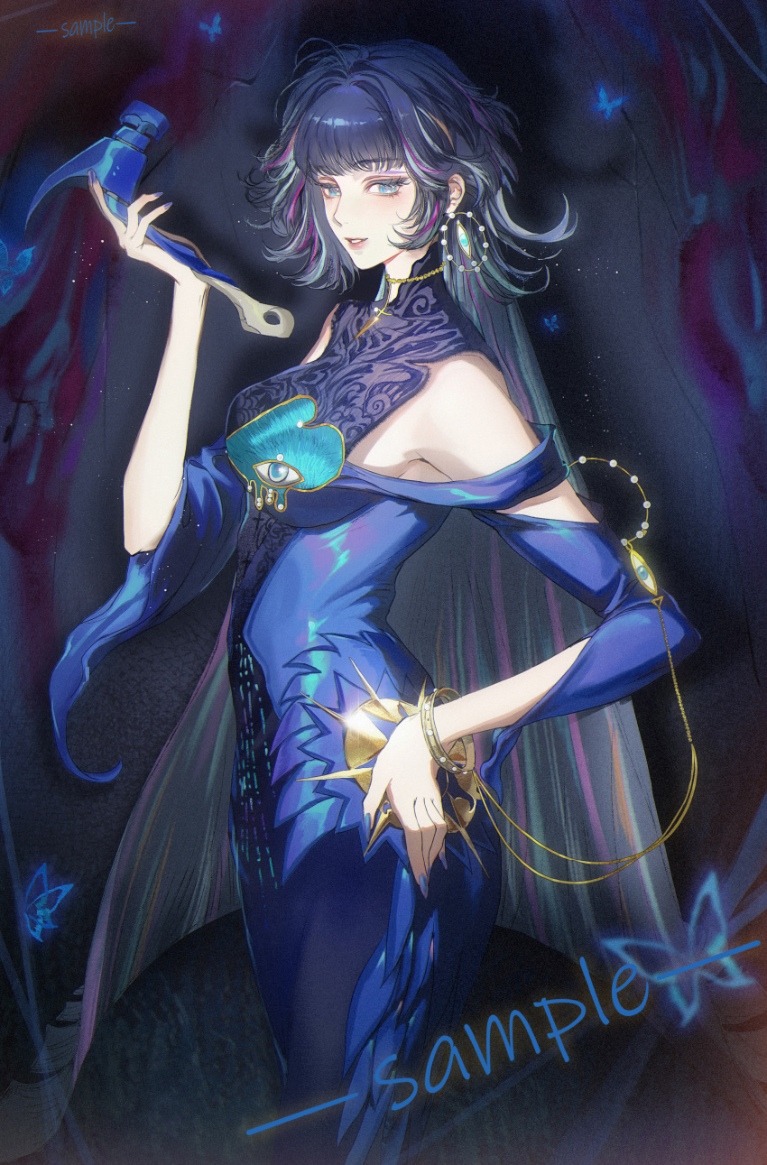 1girl, absurdres, bare_shoulders, black_background, black_hair, blue_butterfly, blue_dress, blue_eyes