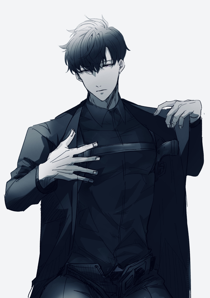 1boy, absurdres, belt, black_belt, black_coat, black_hair, black_male_underwear, black_pants