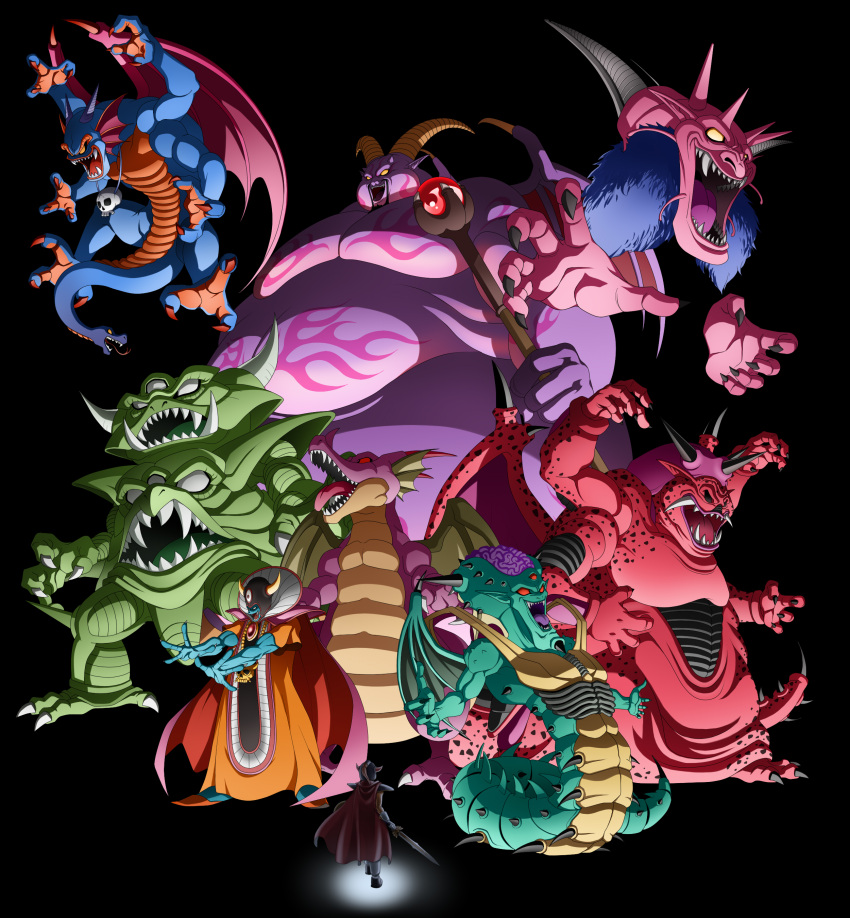 6+boys, absurdres, armor, bat_wings, black_background, black_sclera, blue_skin, cape