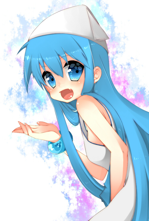blue_eyes, blue_hair, bracelet, dress, hat, ikamusume, jewelry, karuto