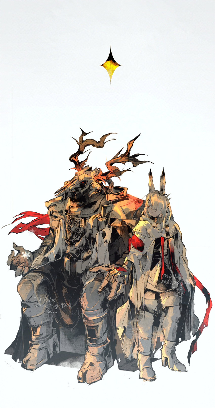 1boy, 1girl, absurdres, animal_ears, antlers, arknights, armband, armor