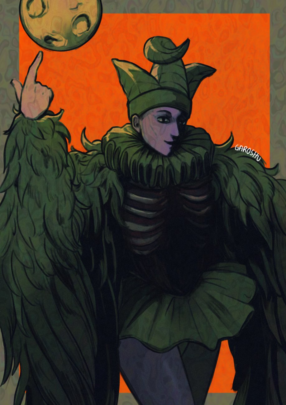 1boy, artist_name, border, brown_border, commentary, cowboy_shot, facial_tattoo, fake_horns