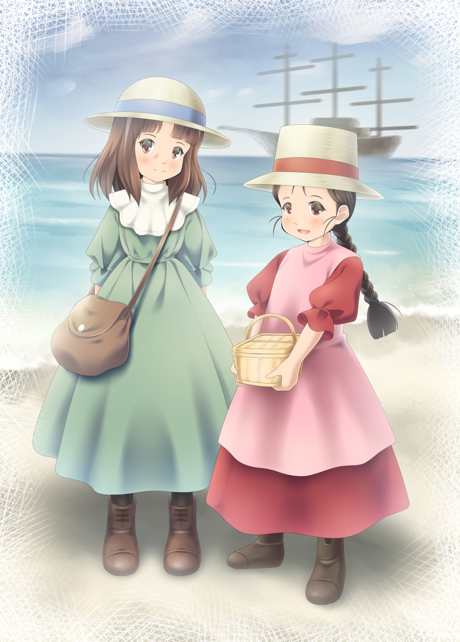 2girls, :d, bag, basket, beach, blush, braid, braided_ponytail