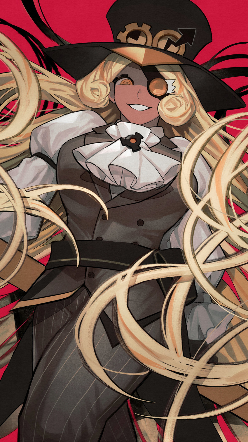 1girl, absurdres, ascot, black_hat, black_pants, blonde_hair, breasts, brown_vest