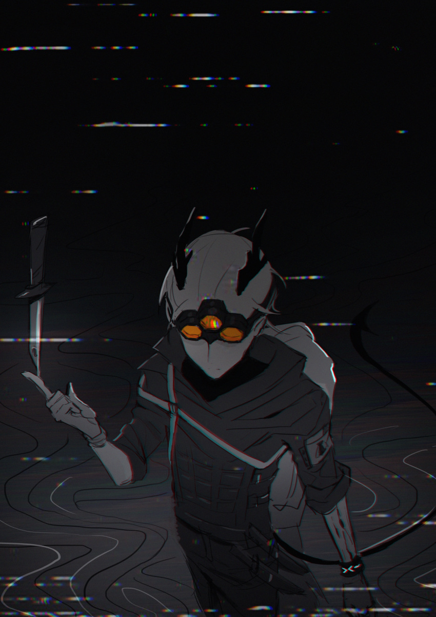 1boy, absurdres, arknights, chromatic_aberration, closed_mouth, commentary, dark, elloy_(ajhz2533)
