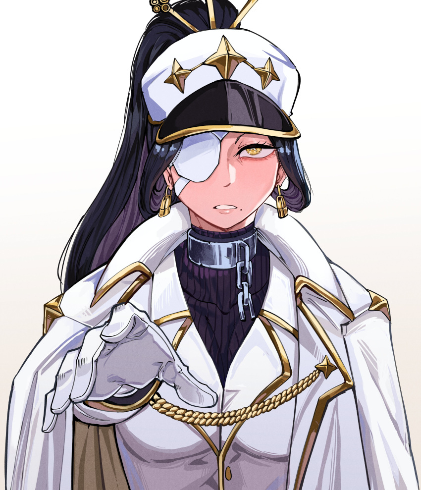 1girl, absurdres, aiguillette, antares_topaz, black_hair, chain, coat, coat_on_shoulders