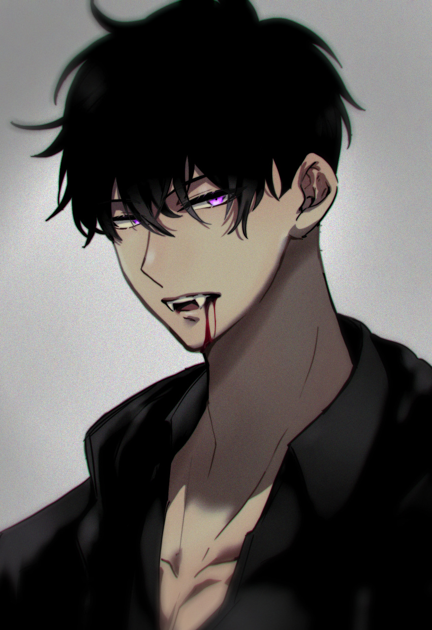 1boy, black_hair, black_shirt, blood, collarbone, collared_shirt, consak, expressionless, fangs, fangs_out, film_grain, grey_background, hair_between_eyes, highres, looking_at_viewer, looking_to_the_side, male_focus, open_clothes, open_mouth, open_shirt, shirt, short_hair, solo, solo_leveling, sung_jin-woo, vampire, violet_eyes