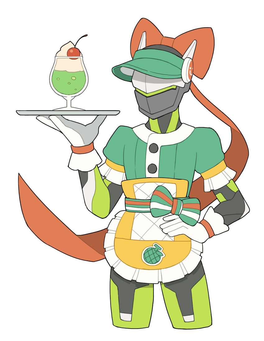 1boy, absurdres, apron, arm_up, bow, buttons, cherry, commentary_request, cosplay, cream_soda, cropped_legs, cyborg, dengcio, food, frilled_apron, frilled_sleeves, frills, fruit, genji_(overwatch), gloves, green_hat, green_shirt, hair_bow, hand_on_own_hip, hat, highres, holding, holding_plate, honeydew_mei, korean_commentary, male_focus, mei_(overwatch), mei_(overwatch)_(cosplay), melon, orange_bow, overwatch, overwatch_1, plate, shirt, short_sleeves, solo, standing, visor_cap, whipped_cream, white_background, white_gloves, yellow_apron