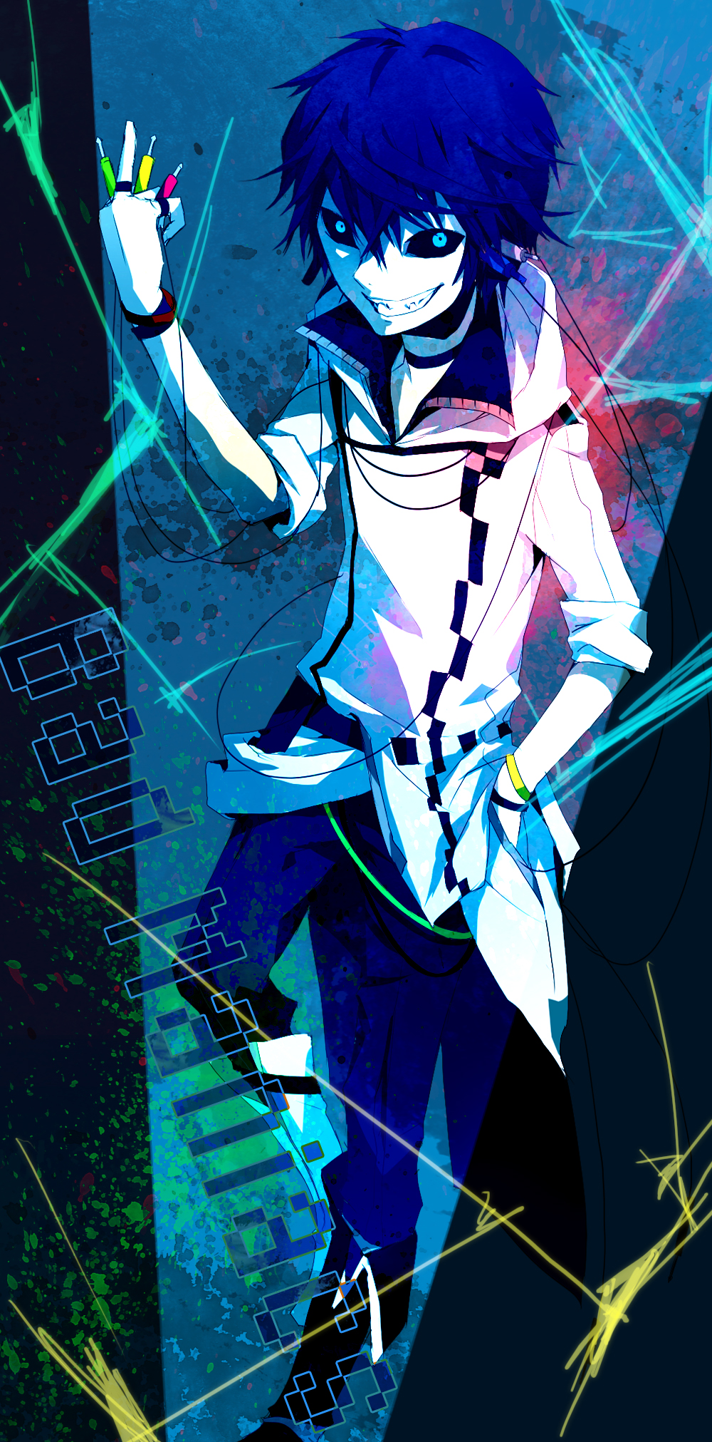 black_sclera, blue_hair, grin, hand_in_pocket, highres, male, original, shion_(mamuring)