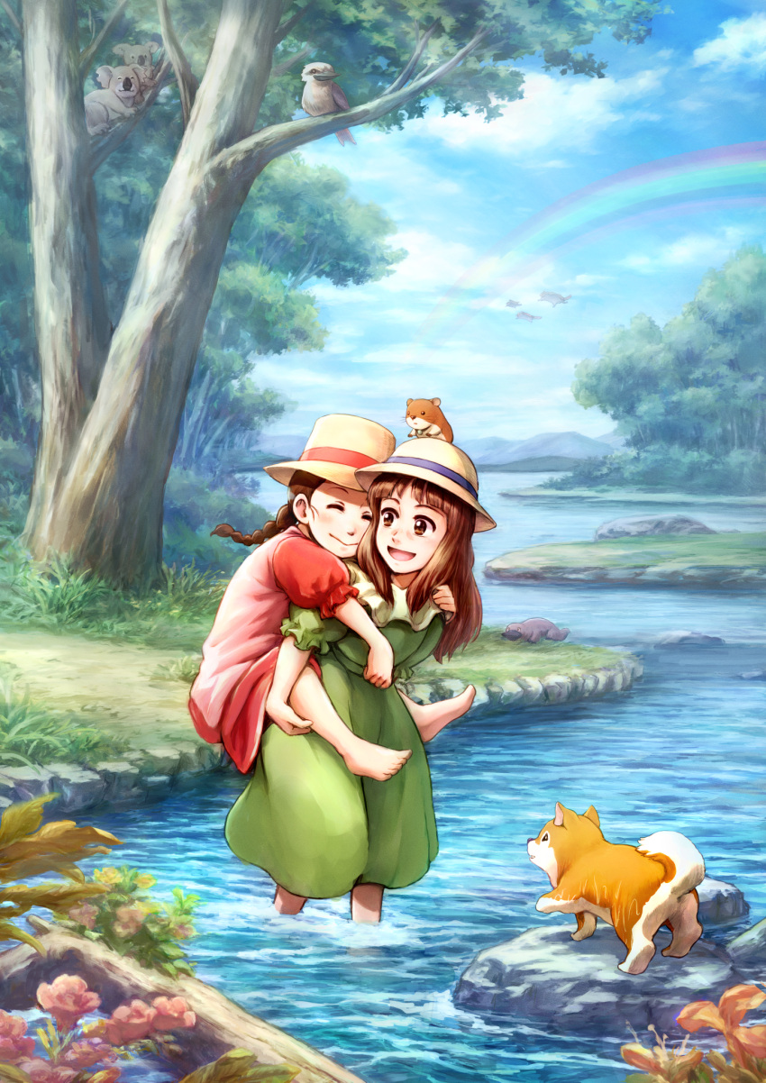 2girls, :d, animal_on_head, barefoot, bird, braid, braided_ponytail, brown_hair