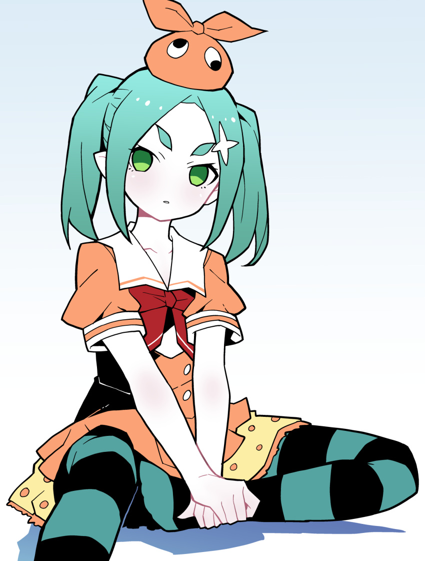 1girl, :<, akableak, aqua_hair, aqua_thighhighs, black_thighhighs, blue_background, bow