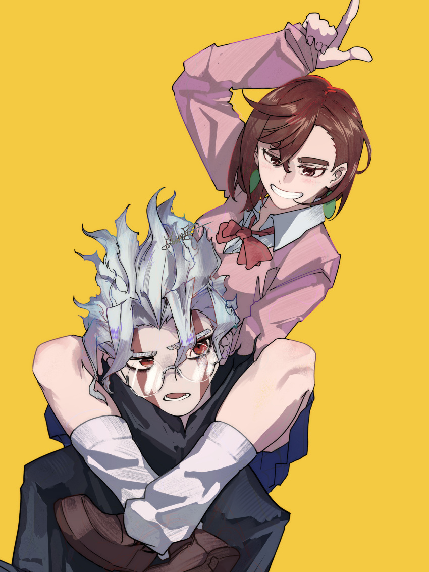 1boy, 1girl, absurdres, alternate_form, ayase_momo, bow, brown_eyes, brown_footwear, brown_hair, carrying, dandadan, earrings, facial_hair, gakuran, grey_hair, highres, index_finger_raised, jewelry, lmn3_illust, loafers, loose_socks, open_mouth, pink_sweater, red_bow, red_eyes, round_eyewear, school_uniform, shoes, shoulder_carry, simple_background, socks, sweater, takakura_ken_(dandadan), teeth, yellow_background