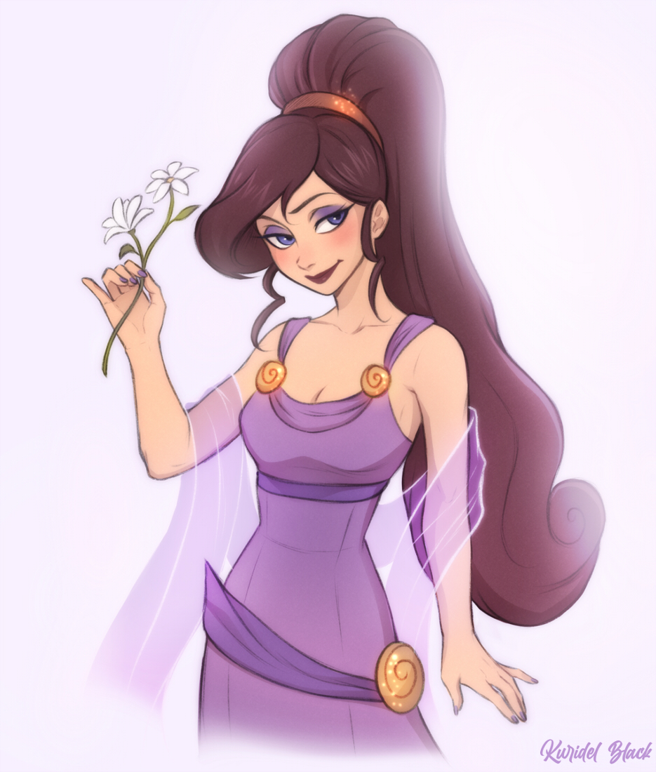 1girl, artist_name, closed_mouth, commentary, cowboy_shot, disney, dress, english_commentary, eyeshadow, flower, hercules_(1997_film), high_ponytail, holding, holding_flower, kuridel_black, looking_to_the_side, makeup, mascara, megara_(disney), ponytail, purple_dress, purple_eyeshadow, purple_nails, purple_shawl, red_lips, redhead, sash, see-through_clothes, see-through_shawl, shawl, simple_background, sleeveless, smile, solo, swept_bangs, white_background