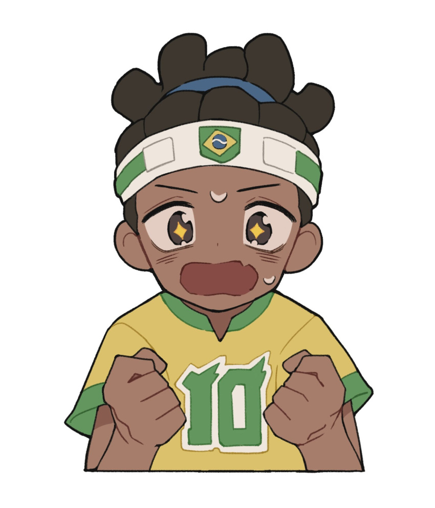 1boy, arms_up, brazilian_flag_print, brown_eyes, brown_hair, clenched_hands, commentary_request, cropped_torso