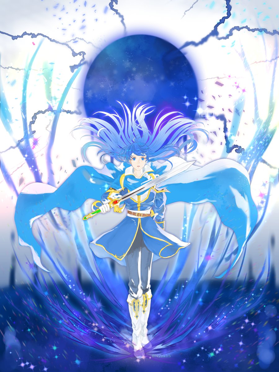 1boy, armor, belt, black_pants, blue_cape, blue_eyes, blue_hair, blue_tunic