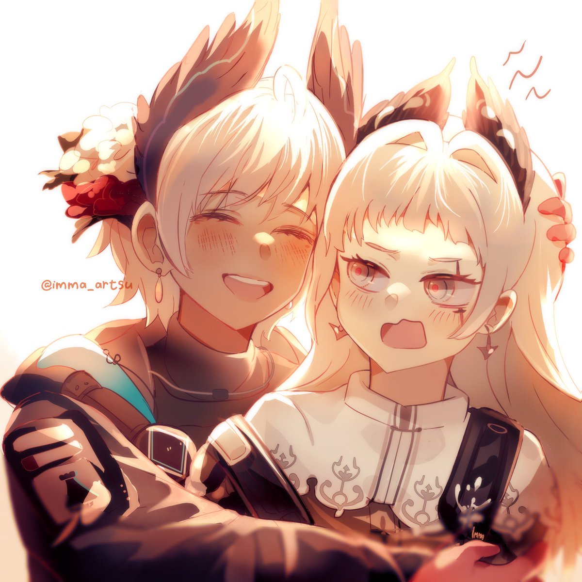 2girls, :d, ^_^, ahoge, arknights, backlighting, black_jacket, blush