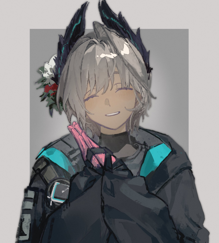 1girl, arknights, black_coat, closed_eyes, coat, coffee_addictxx, dark-skinned_female, dark_skin, feathers, flower, gloves, grey_hair, hair_flower, hair_ornament, highres, pink_gloves, raidian_(arknights), short_hair, smile